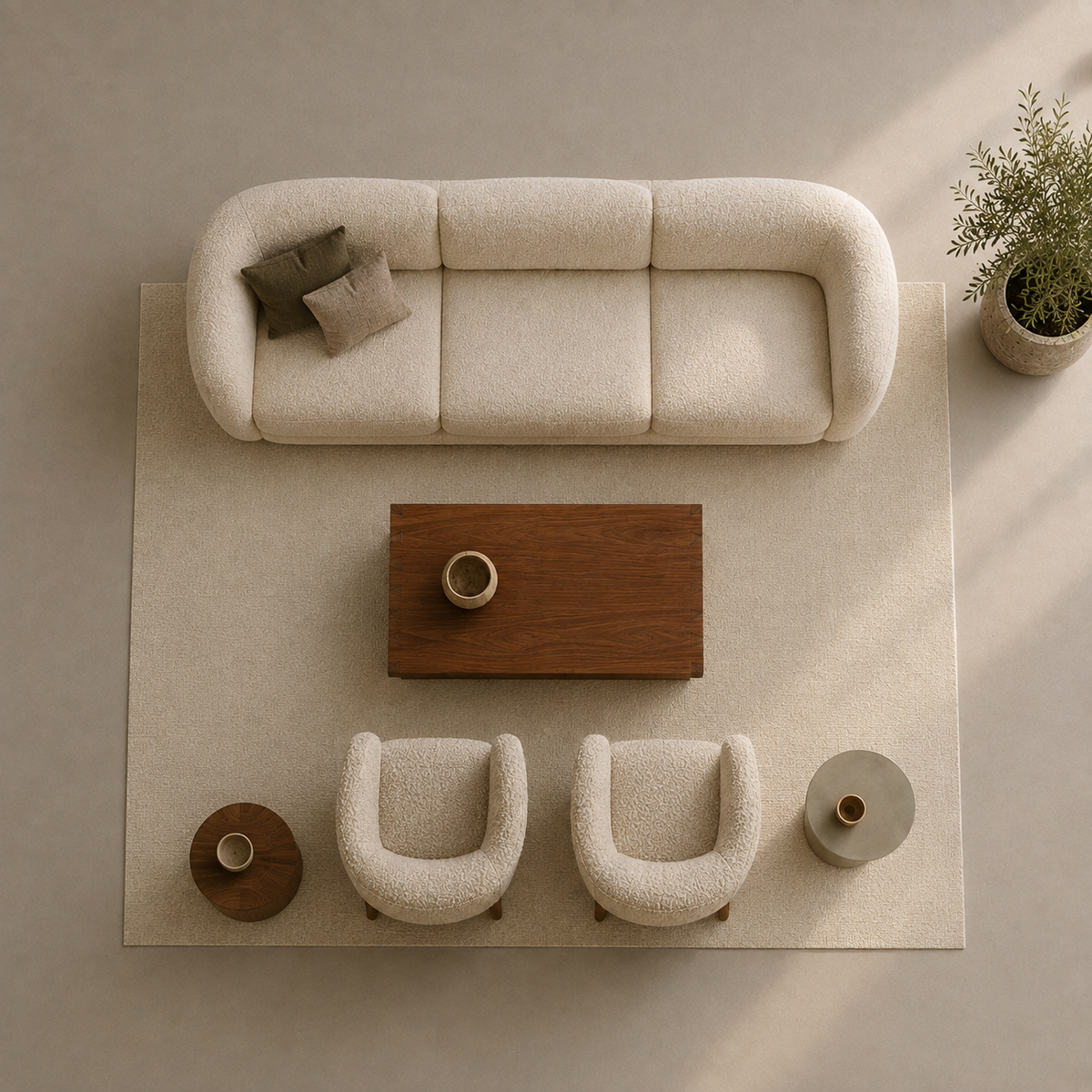 A top-down view of a modern living room setup featuring a curved cream bouclé sofa, two matching armchairs, a rectangular wooden coffee table, and two small side tables on a large cream rug, with a potted plant in the corner.