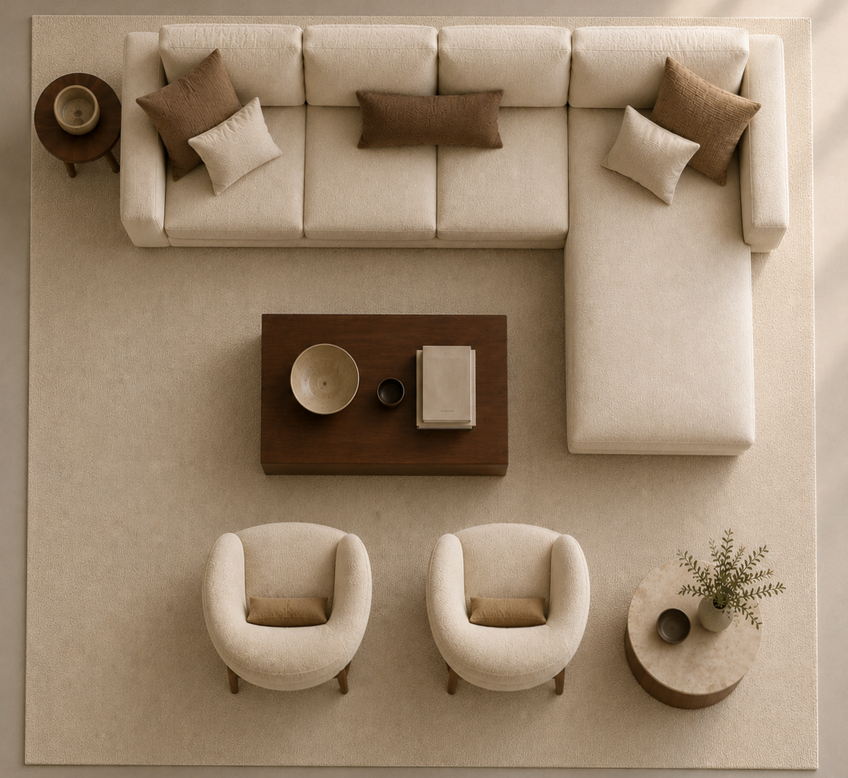 Top-down view of a modern living room set featuring a large cream sectional sofa with brown and cream pillows, two matching cream armchairs, a dark wood coffee table, and a small side table with a plant, all arranged on a large beige rug.