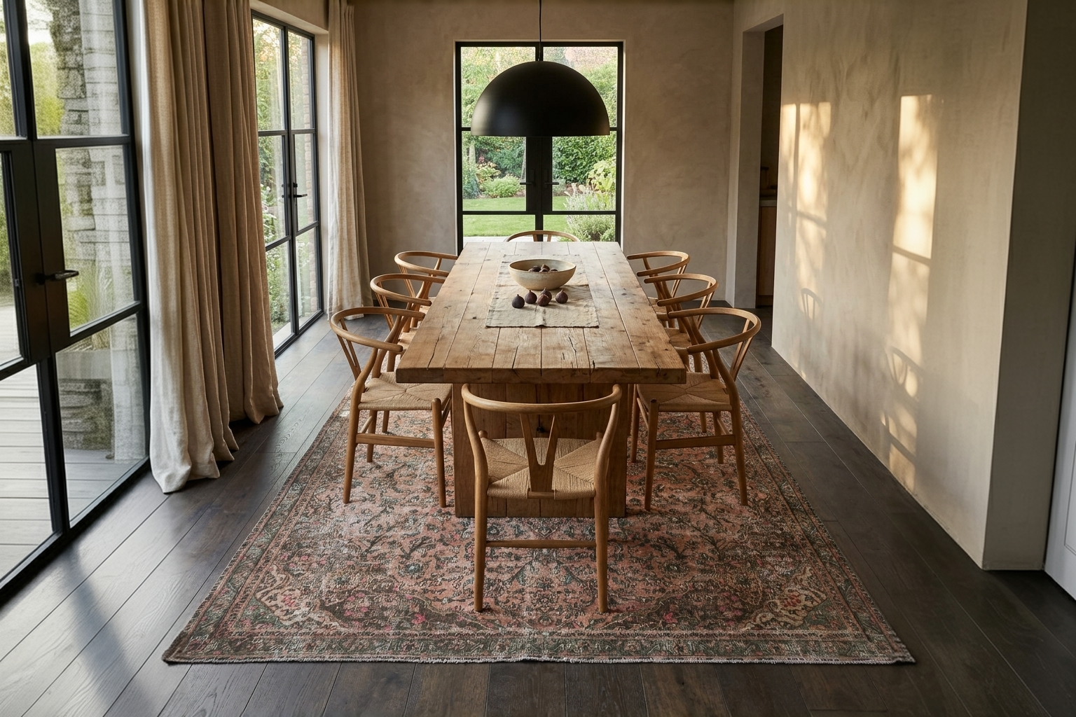 A rustic wooden dining table with six matching wooden chairs arranged on a large patterned area rug in a modern dining room with dark wood floors and a black dome pendant light.