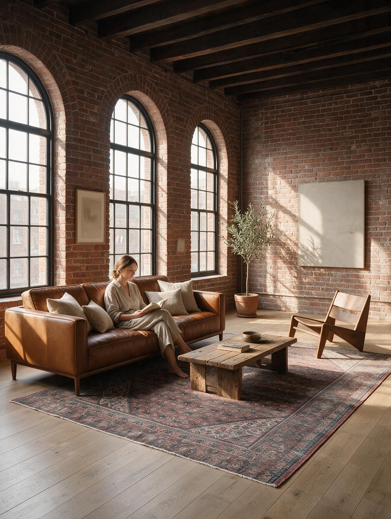 A woman sits on a brown leather sofa in a sunlit loft room with exposed brick walls, large arched windows, a wooden coffee table, and a patterned rug.