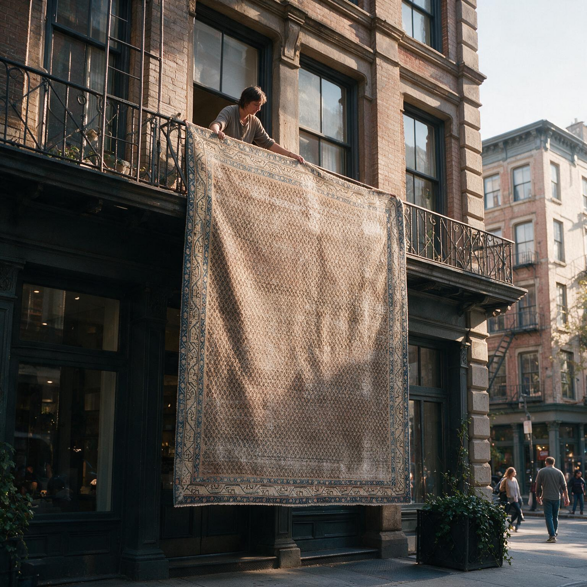 A large patterned area rug is being held up by a person on a city balcony, with a real street and brick buildings visible in the background.