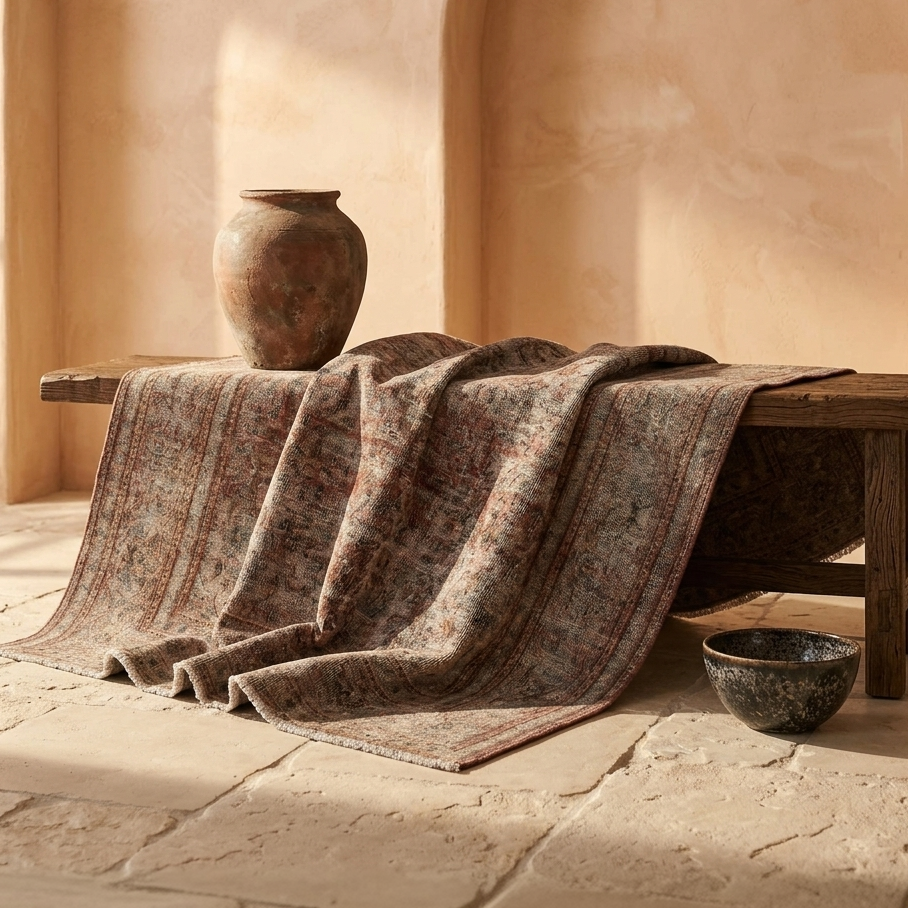 A draped area rug in earthy brown, beige, and muted red tones is styled on a rustic wooden bench in a warm, sunlit room with stone floors and arches.