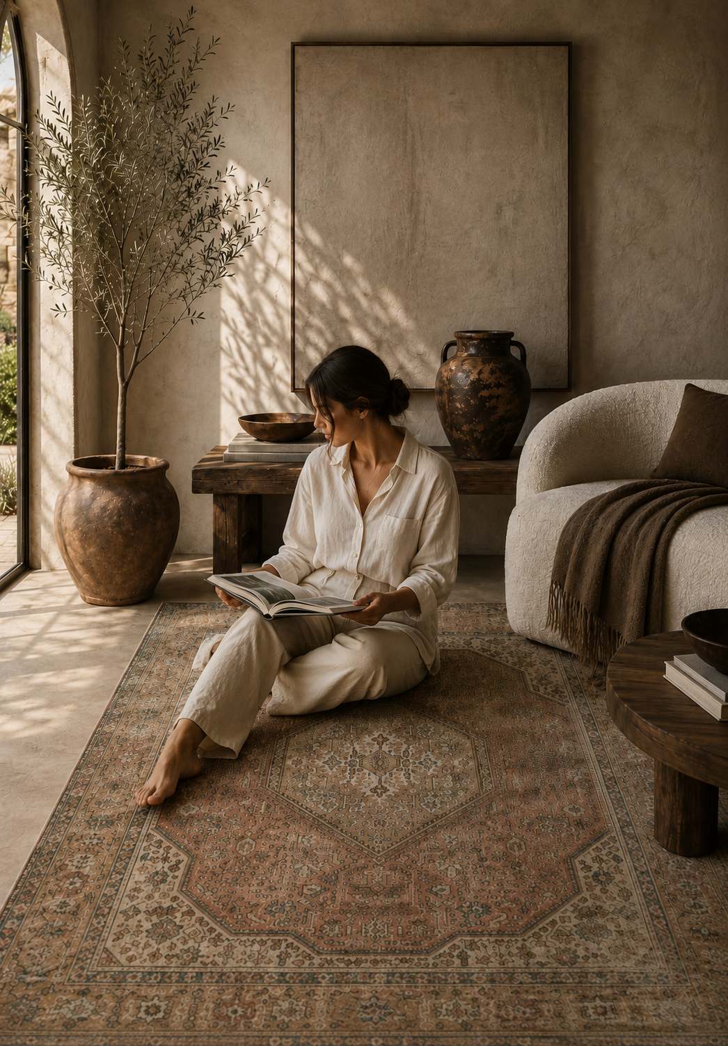 A woman sits barefoot on a large traditional patterned area rug in a sunlit, rustic living room, reading a magazine. The room features a beige armchair with a brown throw blanket, a wooden side table, a large terracotta planter with a dried tree, and a textured plaster wall.