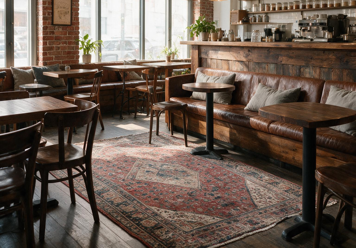 A large traditional patterned area rug in red, beige, and blue tones is styled in a rustic cafe interior with wooden tables, leather benches, and brick walls.
