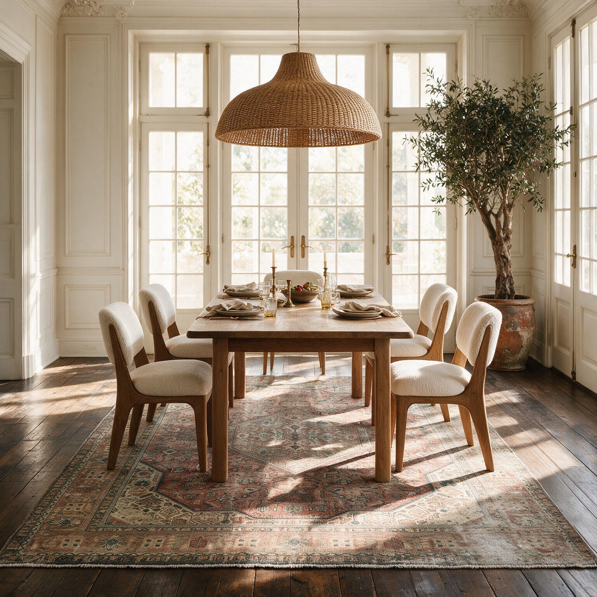 A dining room scene with a wooden rectangular table, six upholstered chairs, a large woven pendant light overhead, and a patterned area rug on dark wood floors. The room has white paneled walls, tall multi-pane windows, and a potted tree near the window.