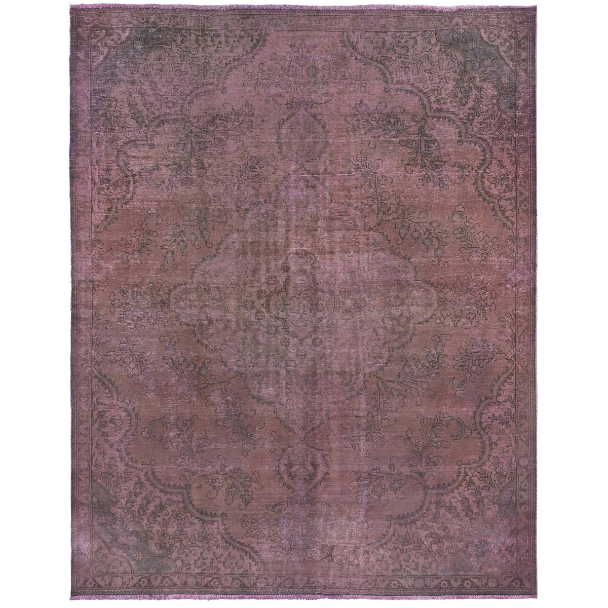 Knotari vintage overdyed hand-knotted rug No. A331 with tonal floral medallion design in dusty mauve, plum, charcoal, rosewood, size 7'10" x 9'10".