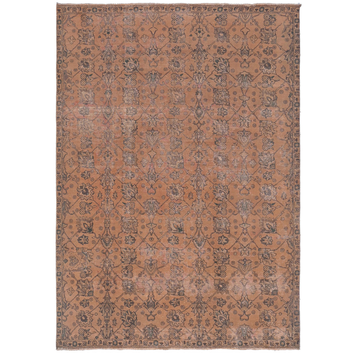 Knotari vintage overdyed hand-knotted rug No. A332 with tonal floral medallion design in dusty plum, rosewood, charcoal, muted mauve, size 7'1" x 10'7"
