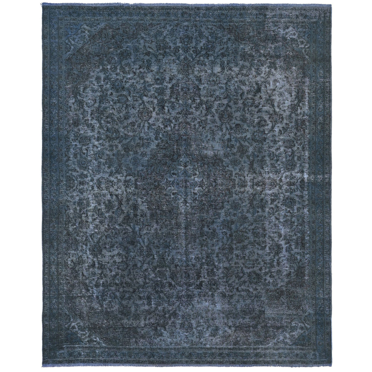 Knotari vintage overdyed hand-knotted rug No. A348 with tonal floral medallion design in indigo, midnight blue, charcoal, slate, size 7'2" x 10'2"