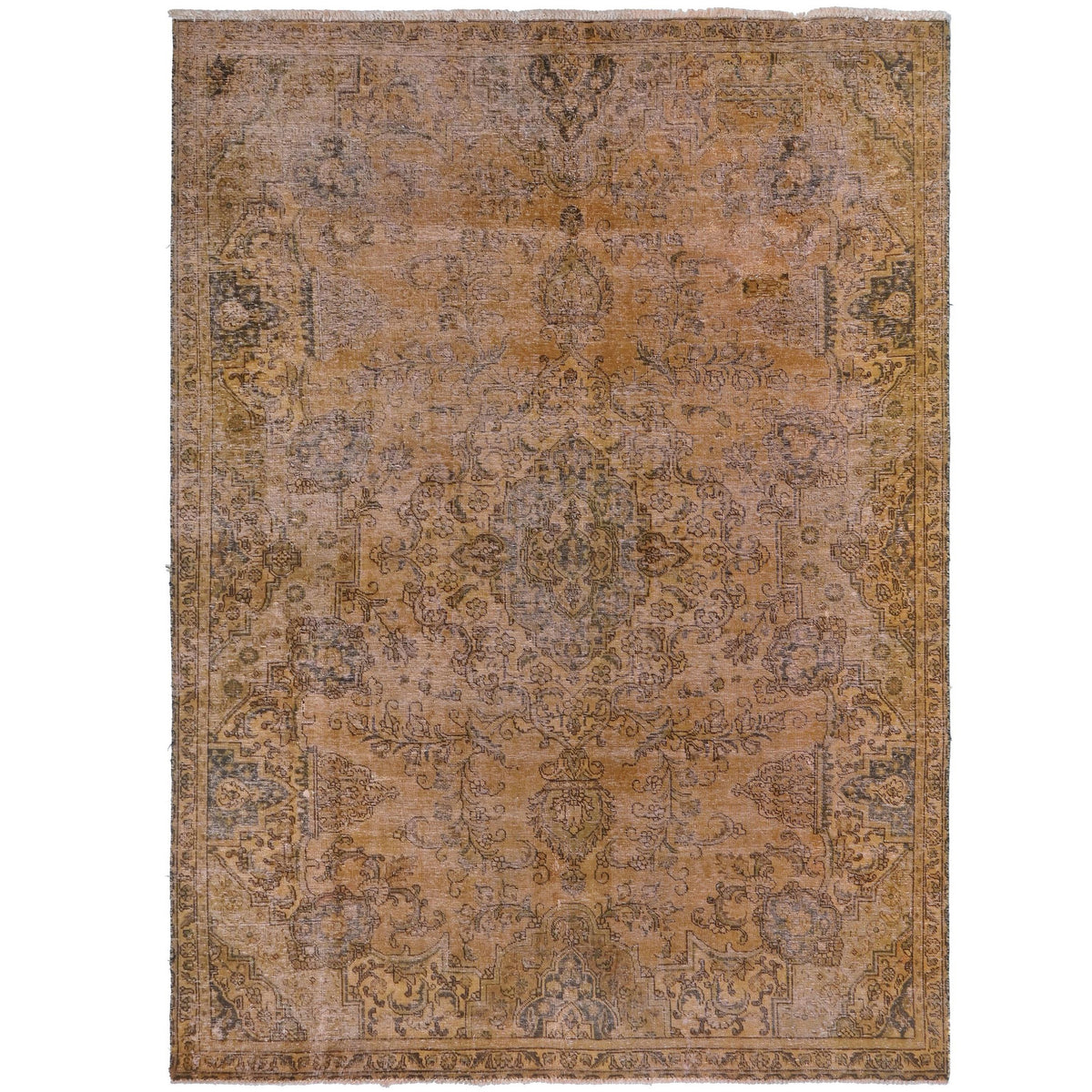 Knotari vintage overdyed hand-knotted rug No. A349 with tonal floral medallion design in charcoal blue, slate, ink, soft black, size 7'3" x 9'11"