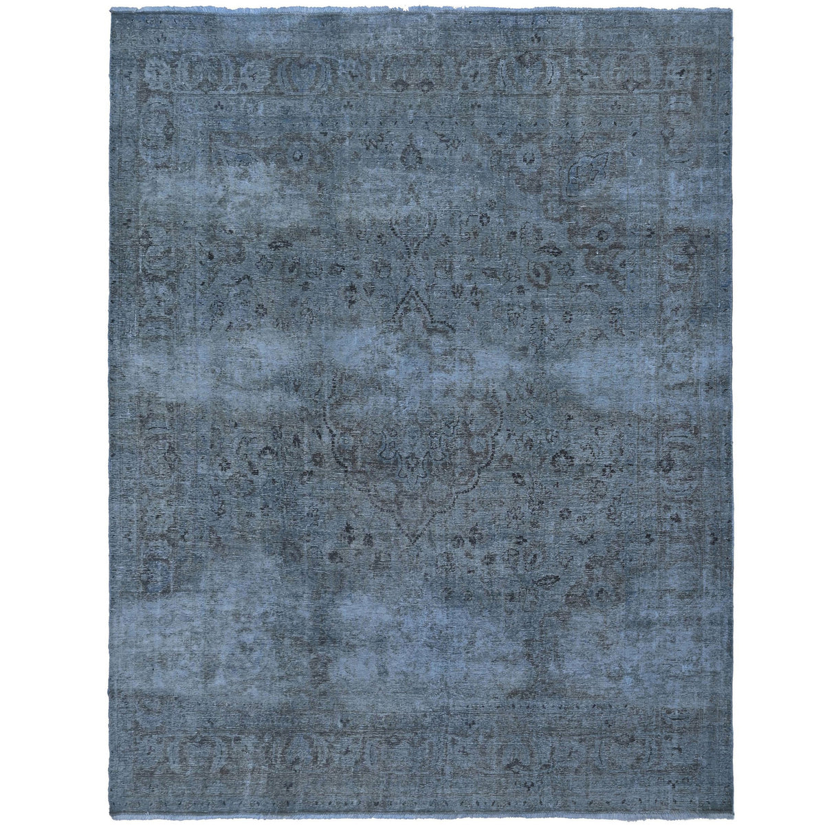 Knotari vintage overdyed hand-knotted rug No. A353 with tonal floral medallion design in emerald, forest green, deep teal, charcoal, size 9'7" x 12'10"