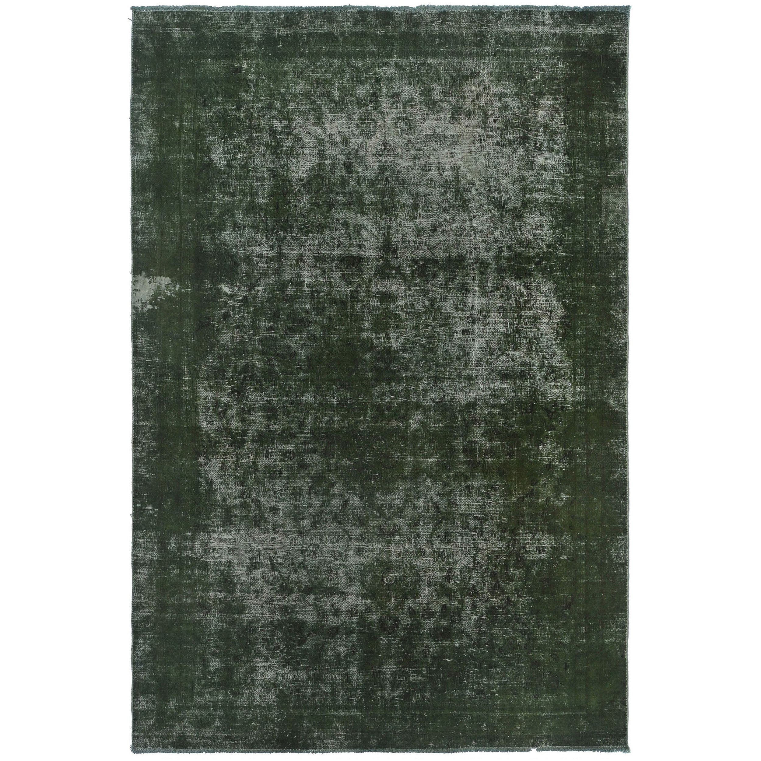 Knotari vintage overdyed hand-knotted rug No. A356 with tonal floral field design in forest green, deep olive, charcoal, blackened teal, size 4'10" x 8'2"