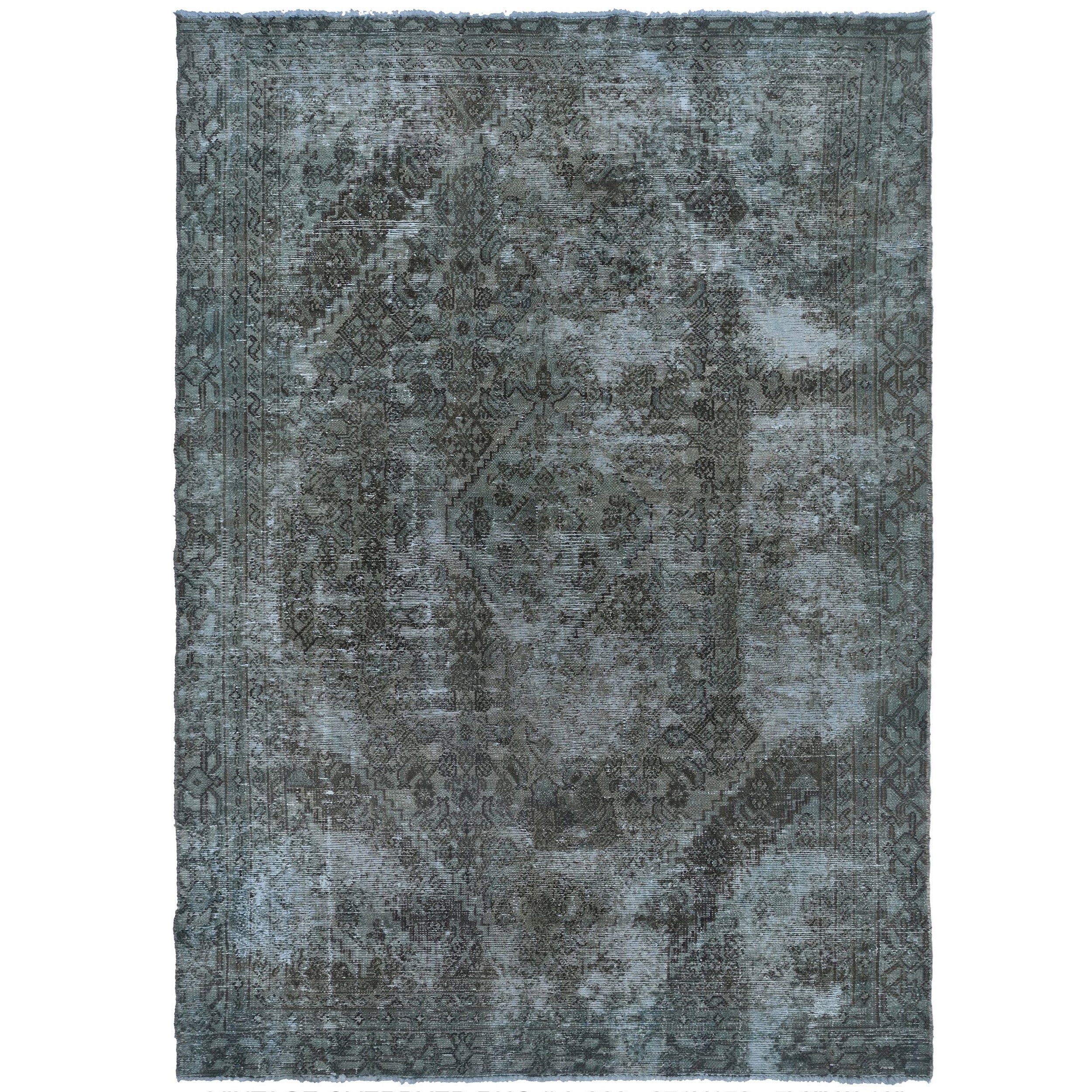 Knotari vintage overdyed hand-knotted rug No. A360 with tonal geometric medallion design in slate blue, charcoal, steel gray, deep teal, size 5'8" x 8'10"