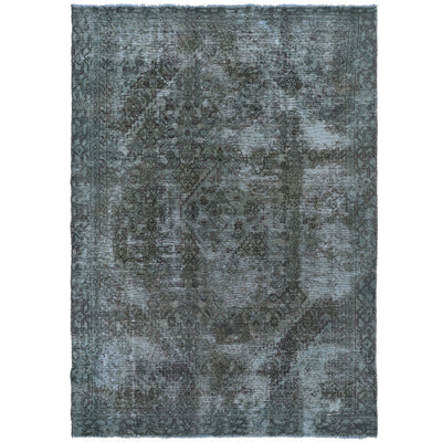 Knotari vintage overdyed hand-knotted rug No. A360 with tonal geometric medallion design in slate blue, charcoal, steel gray, deep teal, size 5'8" x 8'10"