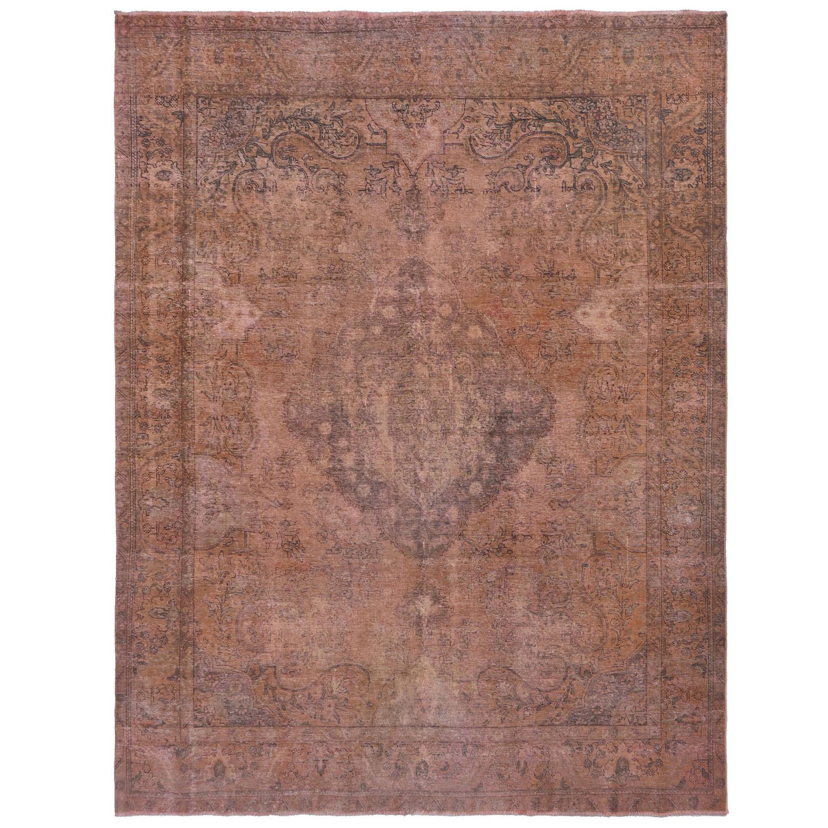 Knotari vintage overdyed hand-knotted rug No. A367 with tonal central medallion design in terracotta, copper, espresso, muted plum, size 9'7" x 12'1".