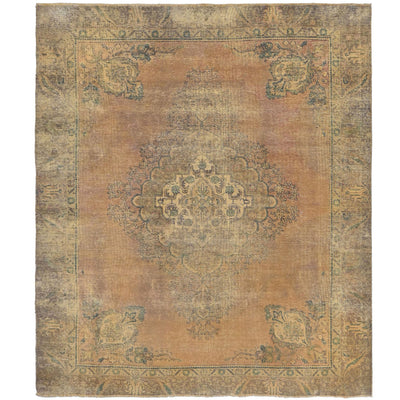 Knotari vintage overdyed hand-knotted rug No. A378 with tonal floral medallion design in golden ochre, antique gold, olive, taupe, size 7'5" x 9'0".