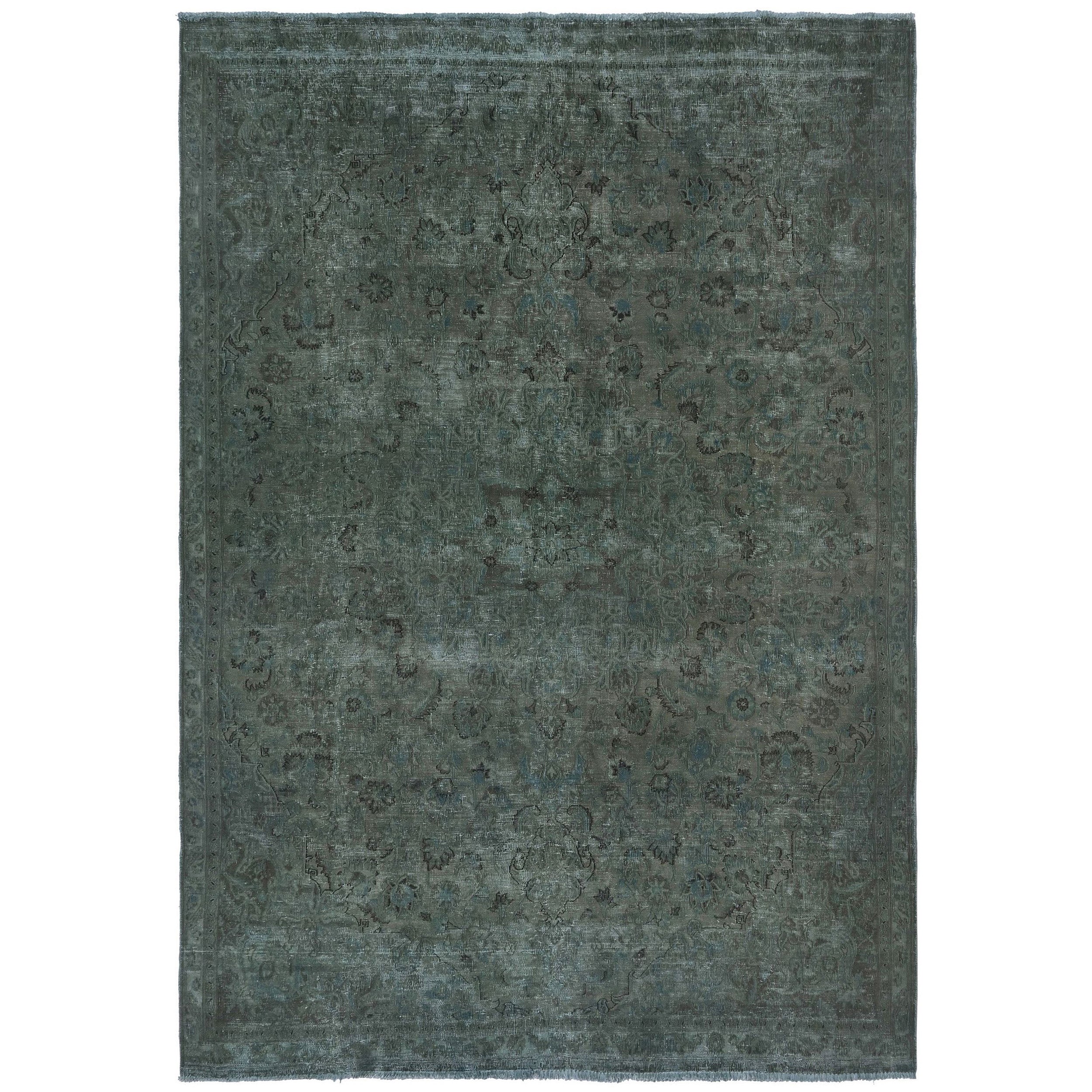 Knotari vintage hand-knotted rug No. A-379 with faded floral medallion design in smoky sage, slate gray, muted teal, charcoal, aged blue, size 7'3" x 10'8".