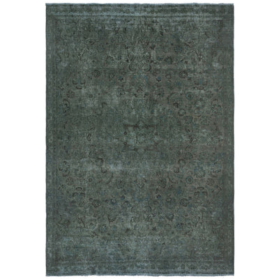 Knotari vintage hand-knotted rug No. A-379 with faded floral medallion design in smoky sage, slate gray, muted teal, charcoal, aged blue, size 7'3" x 10'8".