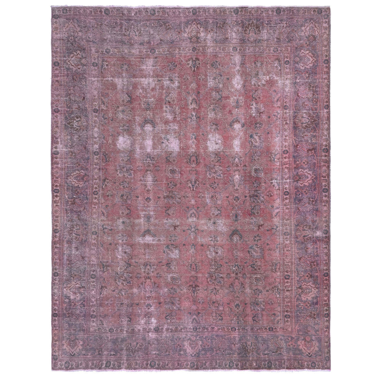 Knotari vintage overdyed hand-knotted rug No. A385 with tonal floral field design in dusty mauve, muted plum, rosewood, charcoal, size 9'6" x 12'6".