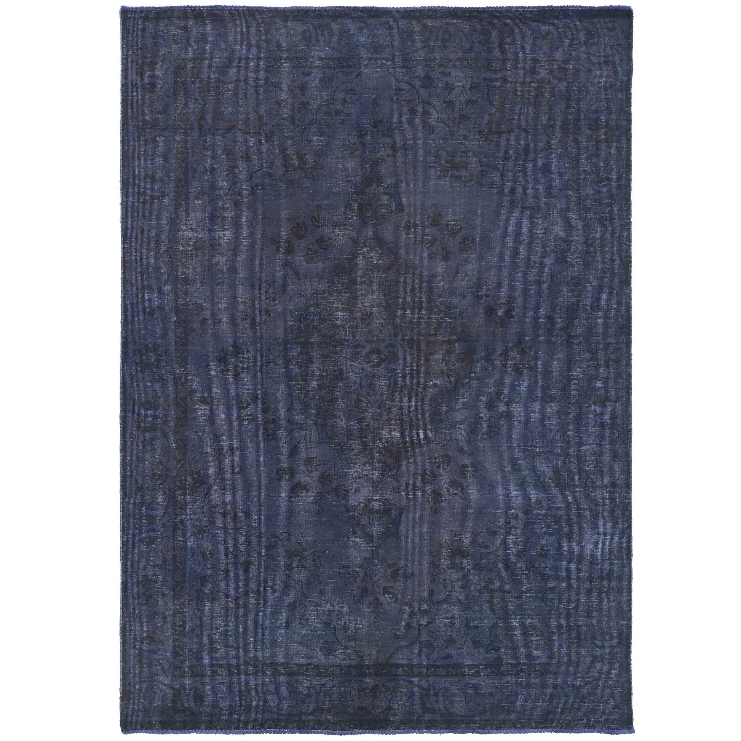 Knotari vintage overdyed hand-knotted rug No. A404 with tonal floral medallion design in midnight blue, indigo, charcoal, black, size 6'4" x 9'2".