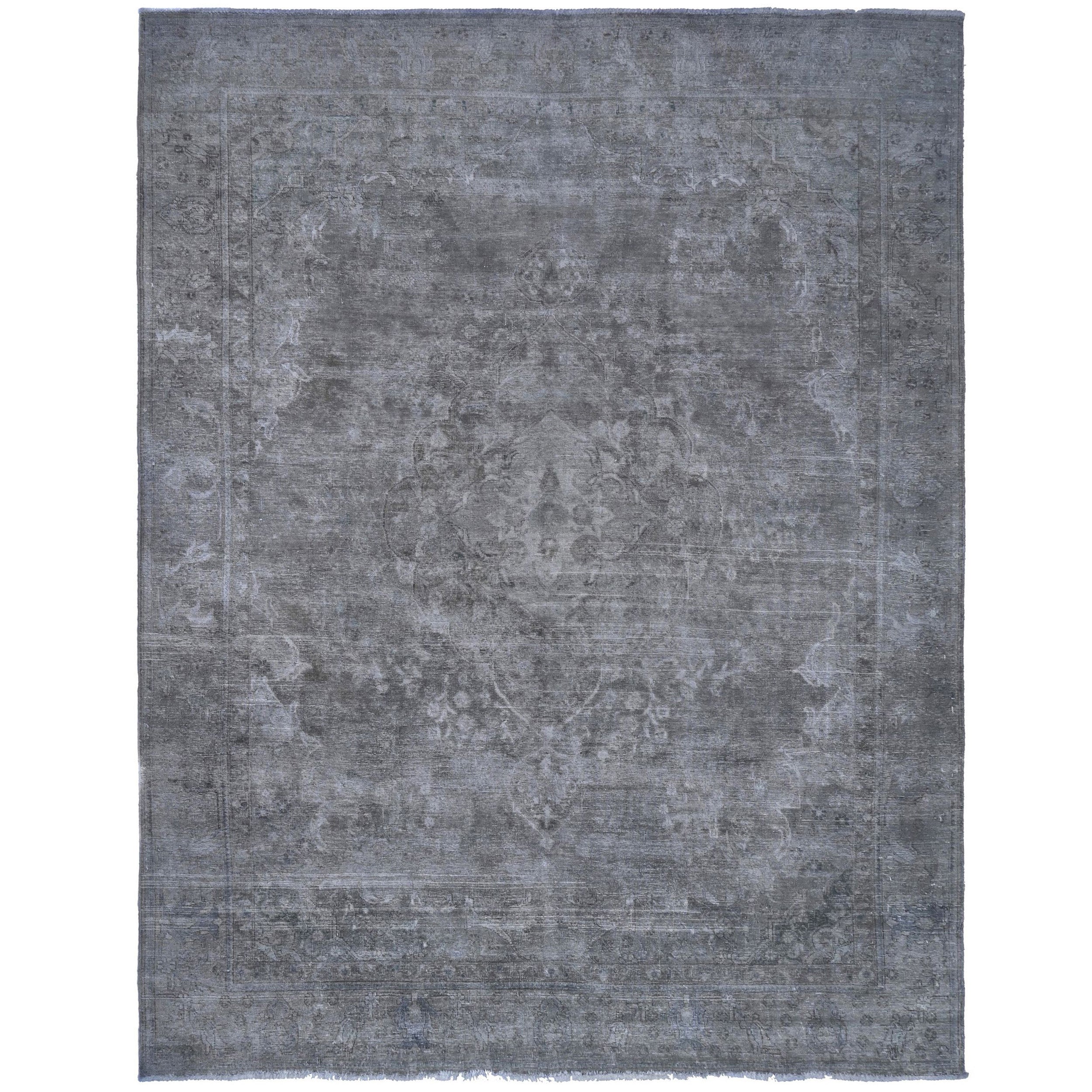 Knotari vintage overdyed rug No. A-414 with tonal floral field design in slate gray, charcoal, silver, smoke, soft black, size 9'5" x 12'5".