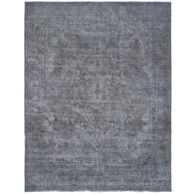 Knotari vintage overdyed rug No. A-414 with tonal floral field design in slate gray, charcoal, silver, smoke, soft black, size 9'5" x 12'5".