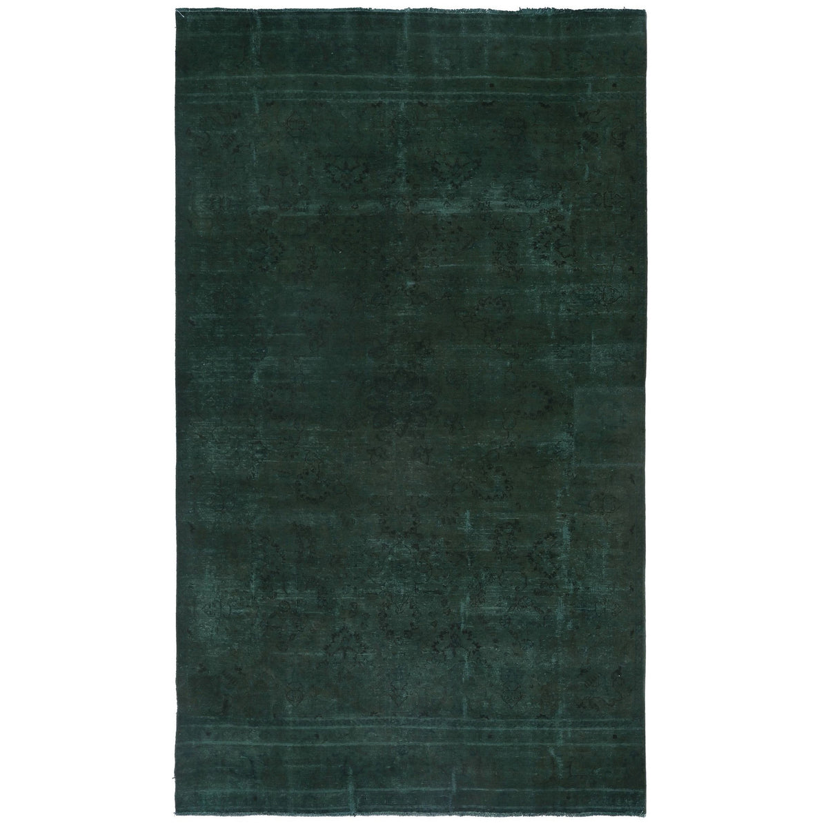 Knotari vintage overdyed hand-knotted rug No. A355 with tonal floral field design in deep emerald, forest green, blackened teal, size 6'11" x 12'3".