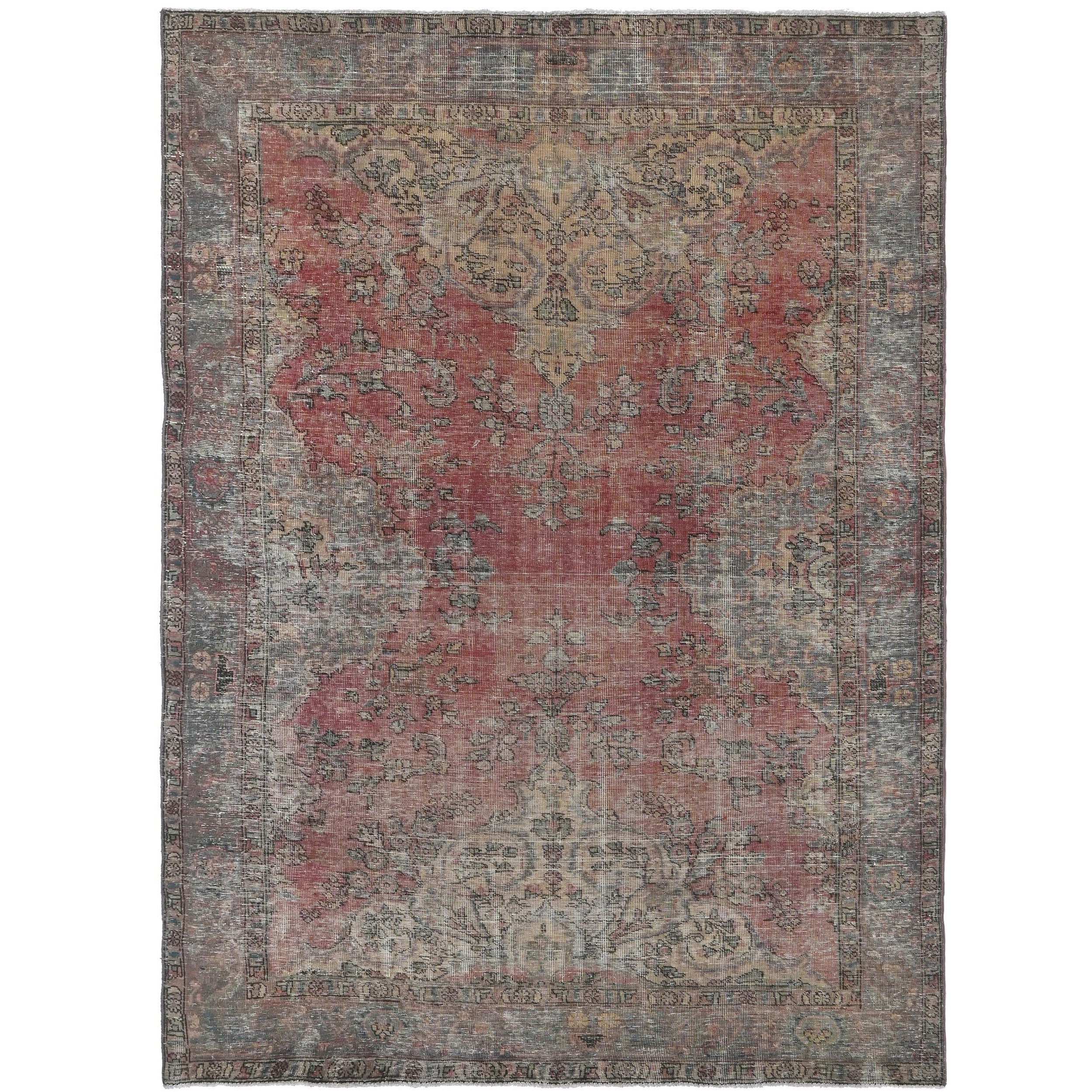 Knotari vintage hand-knotted rug No. 100 with washed floral medallion design in brick rose, charcoal, taupe, aged ivory, muted blue, size 6'4" x 9'7".