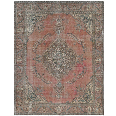 Knotari vintage hand-knotted rug No. 105 with dense floral field design in brick red, rosewood, taupe, charcoal, aged ivory, size 9'6" x 12'5".