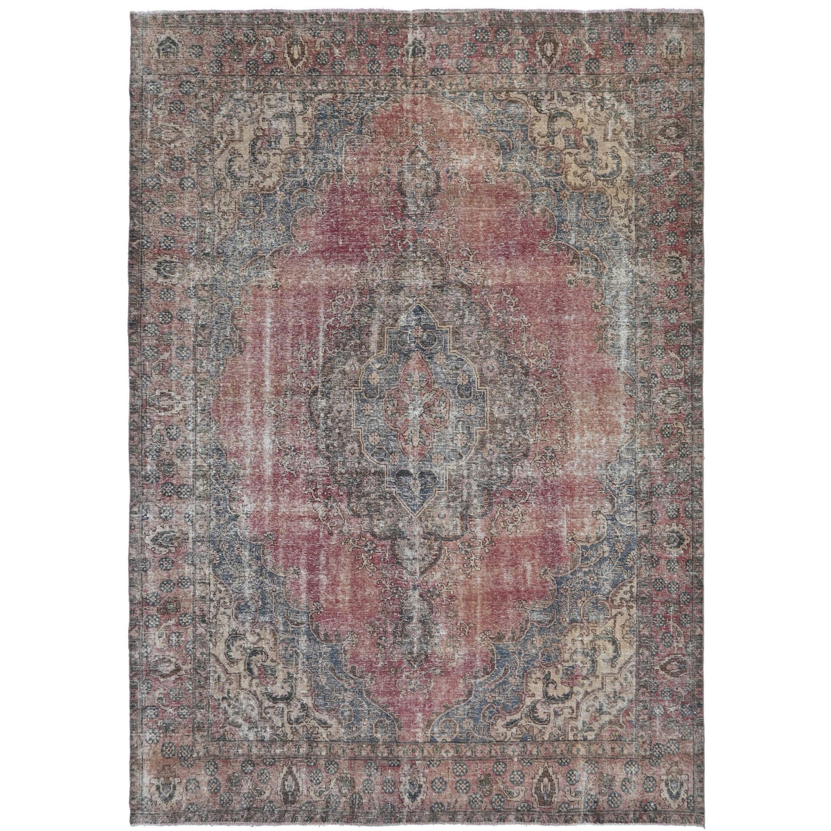 Knotari vintage hand-knotted rug No. 106 with faded central medallion design in antique crimson, navy, taupe, aged ivory, slate, size 9'3" x 12'5".