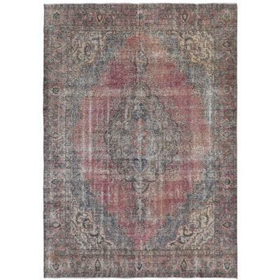 Knotari vintage hand-knotted rug No. 106 with faded central medallion design in antique crimson, navy, taupe, aged ivory, slate, size 9'3" x 12'5".