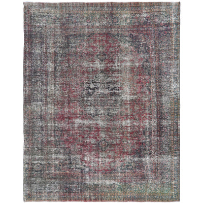 Knotari vintage hand-knotted rug No. 110 with washed central medallion design in muted crimson, charcoal, silver gray, taupe, aged ivory, size 9'9" x 12'2".