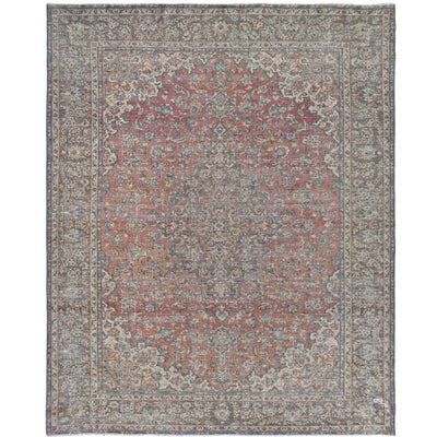 Knotari vintage hand-knotted rug No. 114 with ornate floral medallion design in dusty coral, slate gray, taupe, muted rose, aged ivory, size 9'9" x 12'7".
