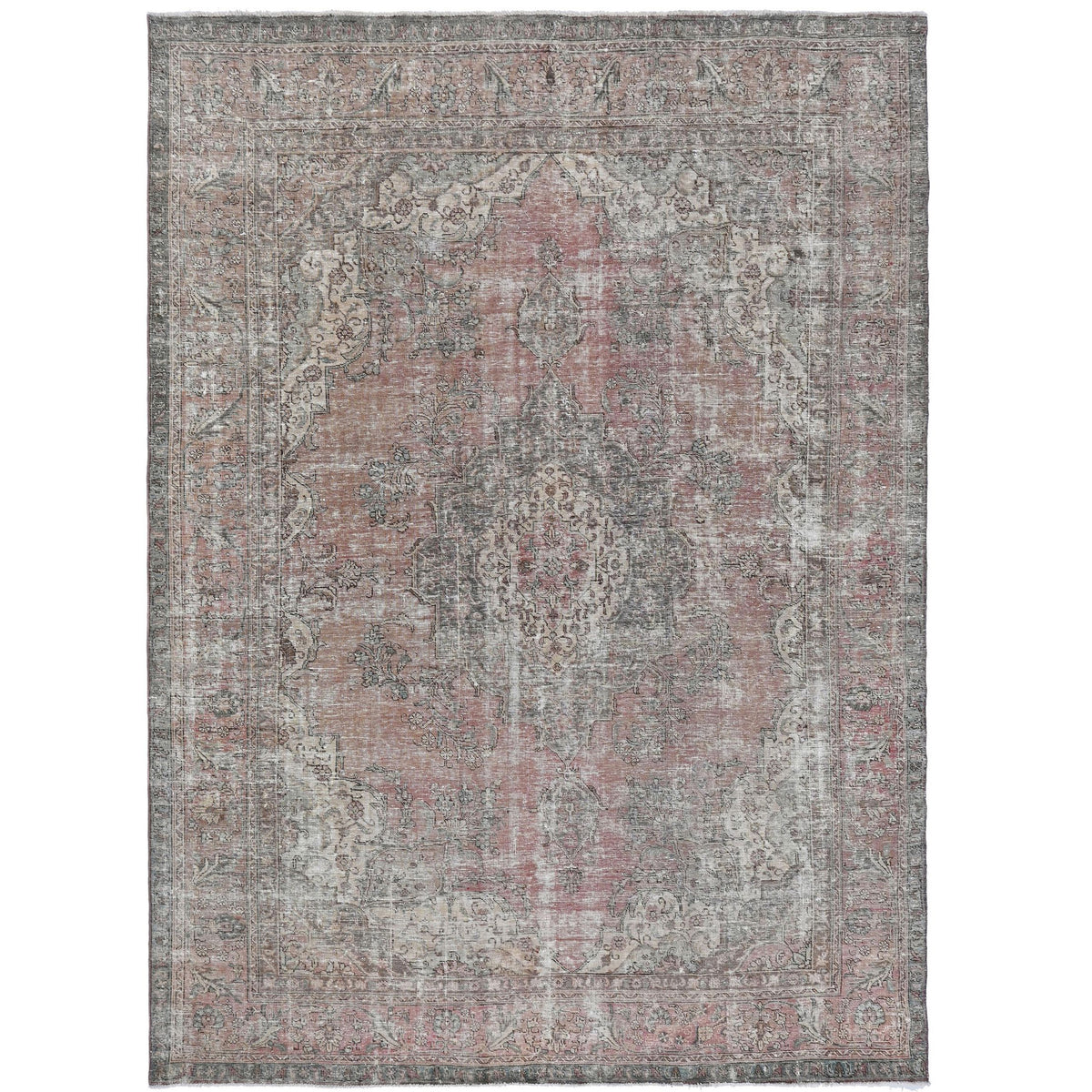 Knotari vintage hand-knotted rug No. 115 with floral medallion design in faded coral, dusty rose, taupe, ivory, slate, size 9'3" x 12'2".