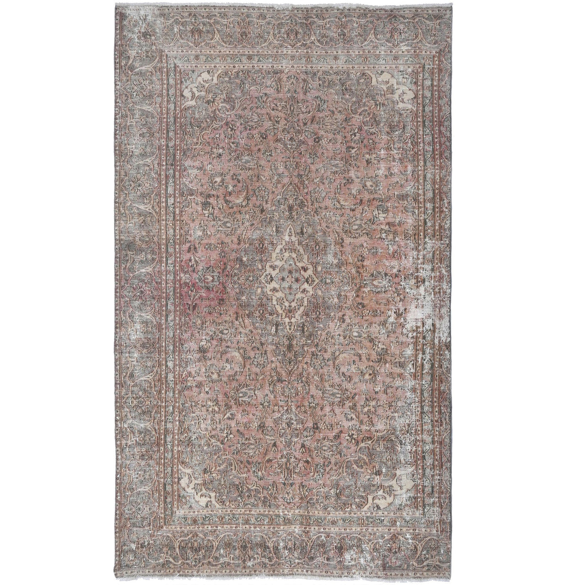 Knotari vintage hand-knotted rug No. 118 with floral medallion runner design in dusty rose, blush, slate blue, taupe, ivory, size 5'3" x 8'10".