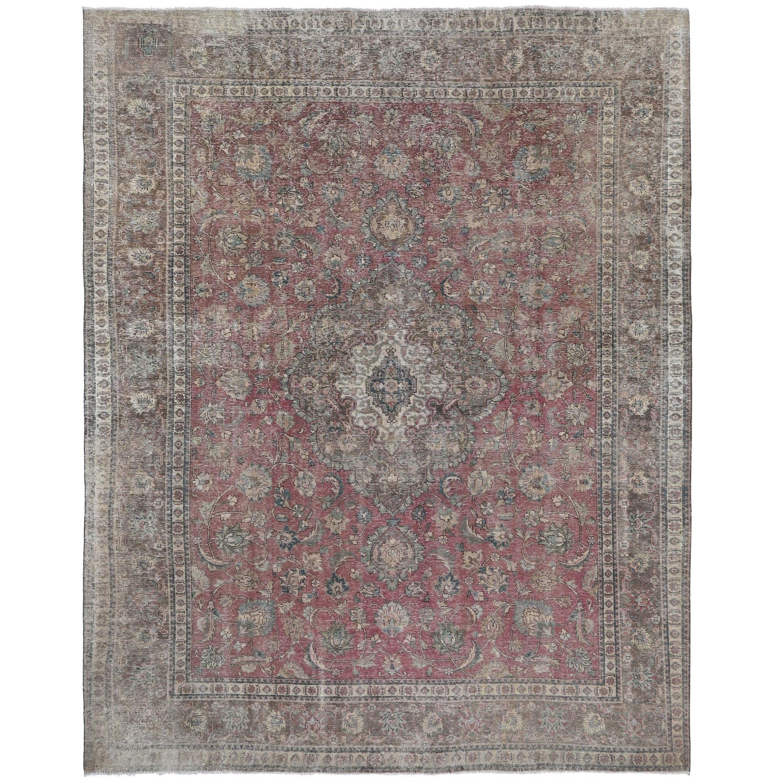 Knotari vintage hand-knotted rug No. 121 with weathered floral medallion design in dusty rose, taupe, charcoal, aged ivory, muted blue, size 9'7" x 12'7".