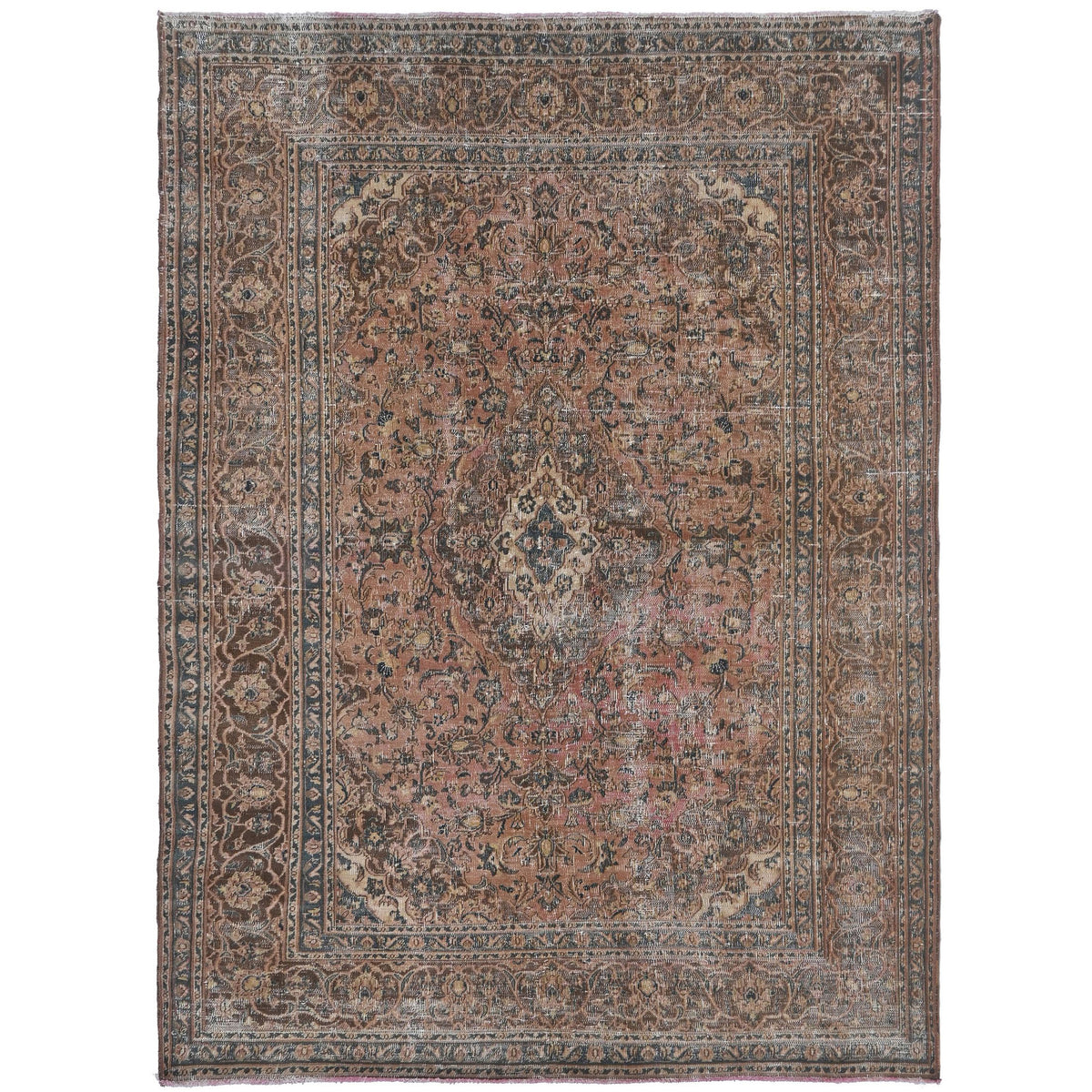 Knotari vintage hand-knotted rug No. 125 with faded floral medallion design in warm taupe, copper, charcoal, rosewood, aged ivory, size 9'2" x 12'2".