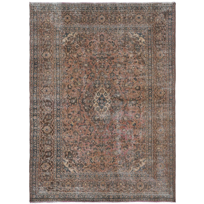 Knotari vintage hand-knotted rug No. 125 with faded floral medallion design in warm taupe, copper, charcoal, rosewood, aged ivory, size 9'2" x 12'2".
