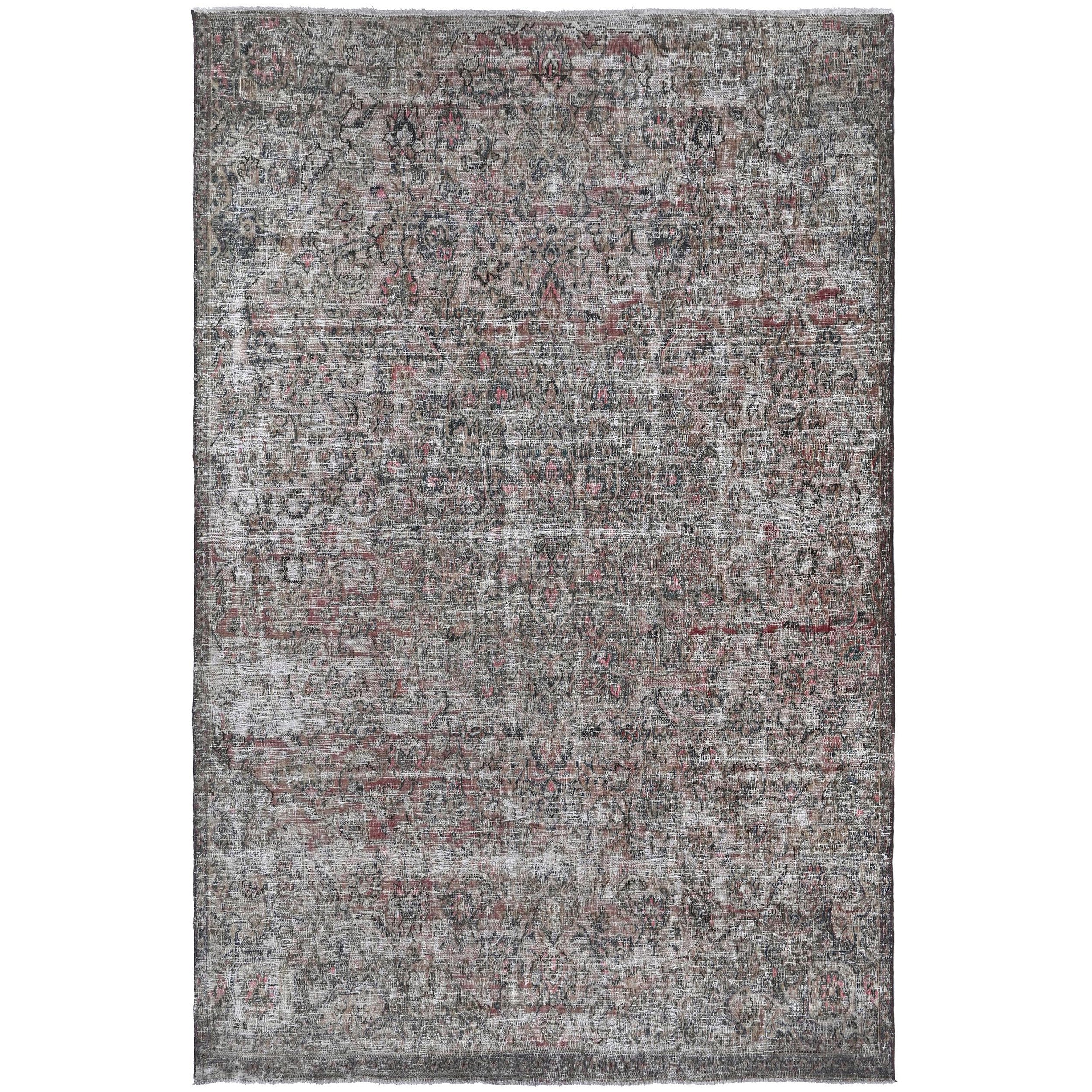 Knotari vintage hand-knotted wool rug No. 135 with faded floral medallion design in silver gray, aged ivory, dusty rose, taupe, slate blue, size 7'1" x 9'11".