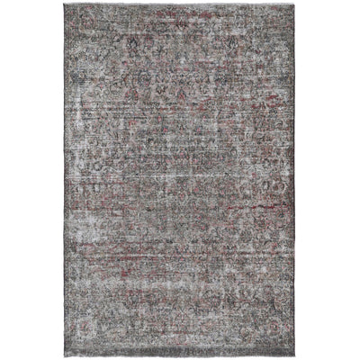 Knotari vintage hand-knotted wool rug No. 135 with faded floral medallion design in silver gray, aged ivory, dusty rose, taupe, slate blue, size 7'1" x 9'11".