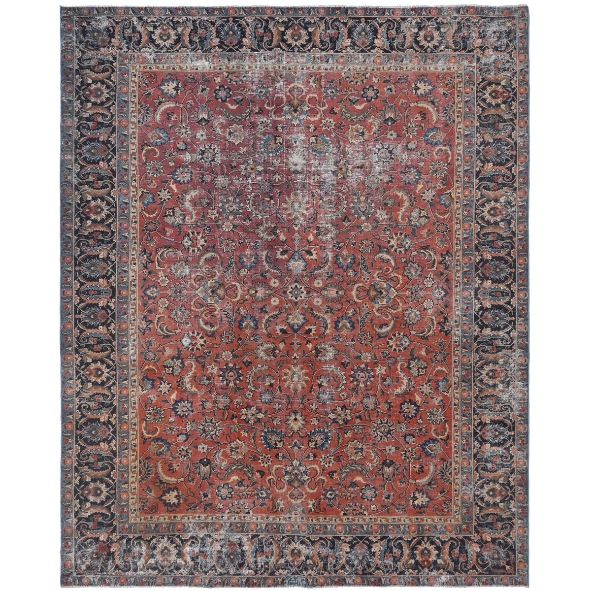 Knotari vintage hand-knotted rug No. 135 with all-over botanical floral design in brick red, midnight blue, aged ivory, taupe, muted sage, size 9'5" x 12'0".