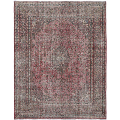 Knotari vintage hand-knotted rug No. 136 with scalloped floral medallion design in antique crimson, charcoal, taupe, aged ivory, slate blue, size 9'7" x 12'5".