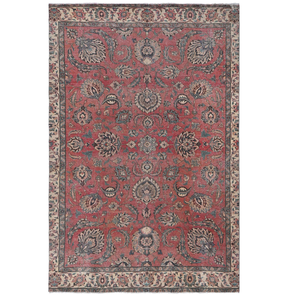 Knotari vintage hand-knotted rug No. 138 with all-over floral design in antique coral, indigo, aged ivory, sage, soft charcoal, size 6'4" x 9'4".