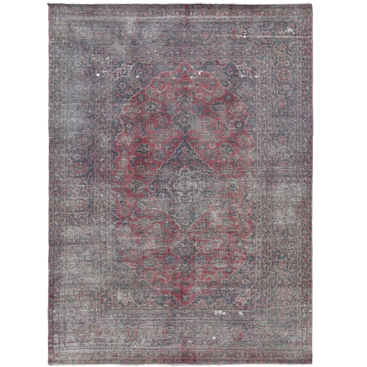 Knotari vintage hand-knotted rug No. 139 with pendant floral medallion design in dusty coral, slate gray, taupe, rosewood, aged ivory, size 7'8" x 10'6".