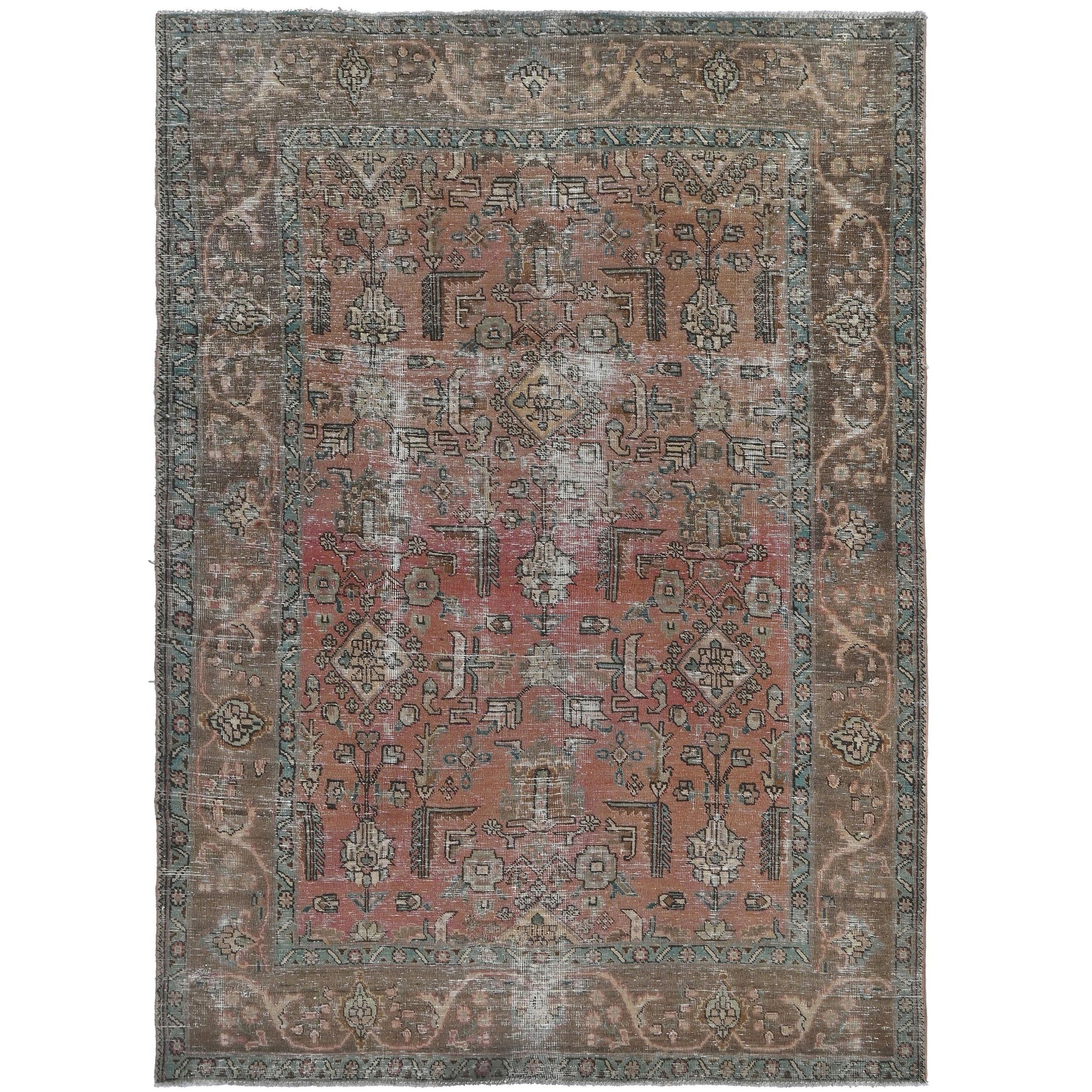 Knotari vintage hand-knotted rug No. 13 with geometric tribal medallion design in terracotta, dusty blue, taupe, charcoal, aged ivory, size 6'3" x 9'3".