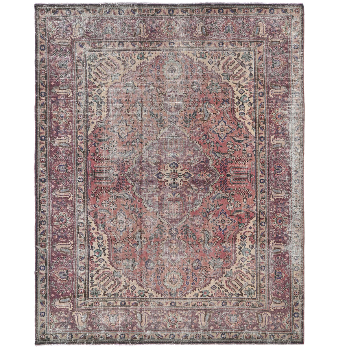 Knotari vintage hand-knotted rug No. 13 with floral medallion design in dusty coral, slate gray, taupe, aged ivory, muted blue, size 8'4" x 10'10".