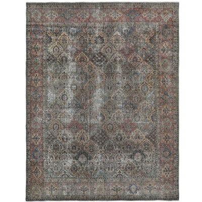 Knotari vintage hand-knotted wool rug No. 140 with ornate central medallion design in deep crimson, navy, ivory, rust, sage, size 9'1" x 11'7".