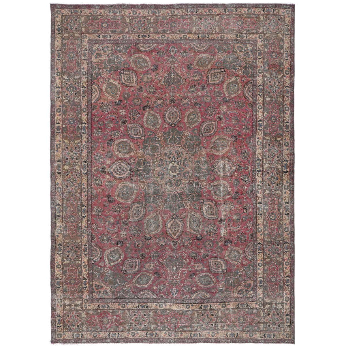 Knotari vintage hand-knotted rug No. 146 with layered floral medallion design in crimson rose, taupe, charcoal, aged ivory, muted blue, size 9'8" x 12'9".