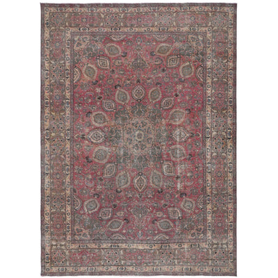Knotari vintage hand-knotted rug No. 146 with layered floral medallion design in crimson rose, taupe, charcoal, aged ivory, muted blue, size 9'8" x 12'9".