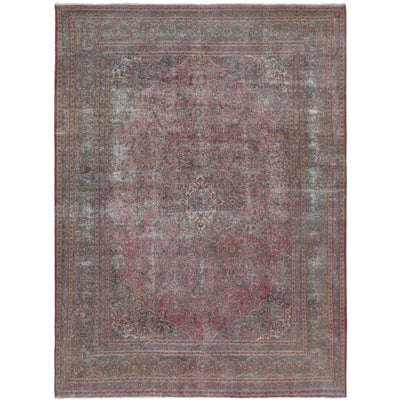 Knotari vintage hand-knotted rug No. 149 with distressed floral medallion design in dusty rose, antique crimson, charcoal, taupe, muted teal, size 9'9" x 12'10".