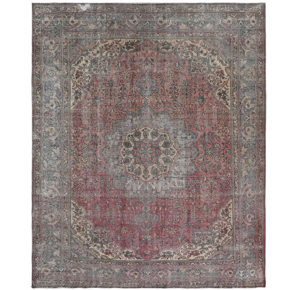 Knotari vintage hand-knotted rug No. 14 with grand floral medallion design in dusty rose, slate gray, aged ivory, taupe, muted blue, size 9'7" x 12'0".